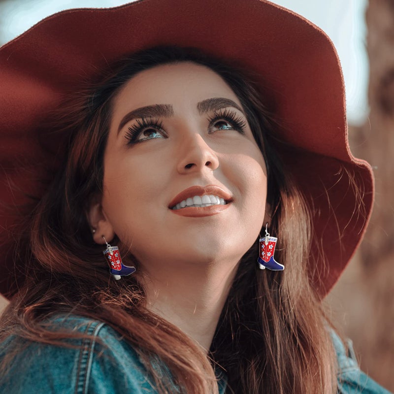 RechicGu 4th of July Earrings,Western West Cowgirl Texas Boots Spur Dangle Drop Earrings Rodeo Boho Fancy Dress Costume (Flower Silver Boots) - Image 4